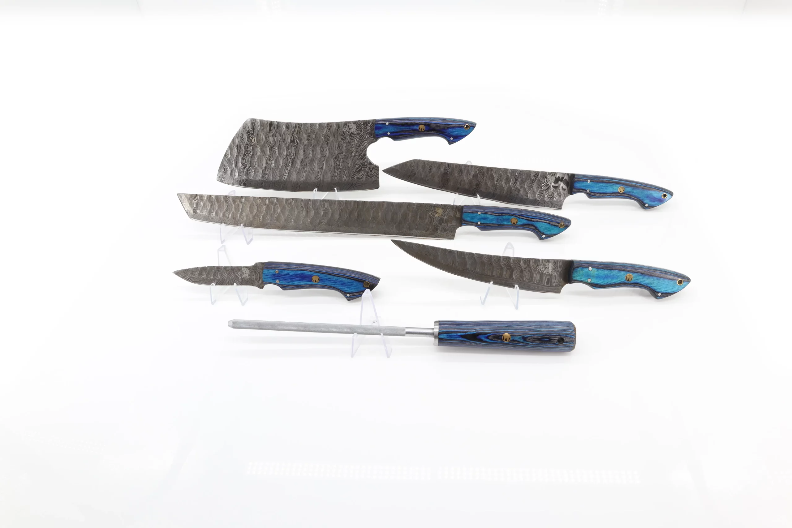 BBQ 6pc Cutlery Set - Forged Hammer Damascus - Blue